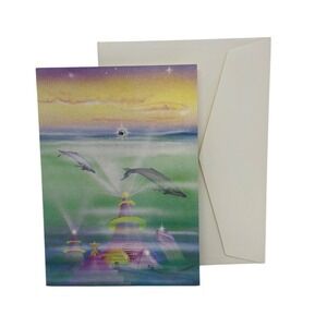 VTG GLO Greeting Card w/ Envelope Cosmic Dolphins Fantasy Pastel Watercolor NEW
